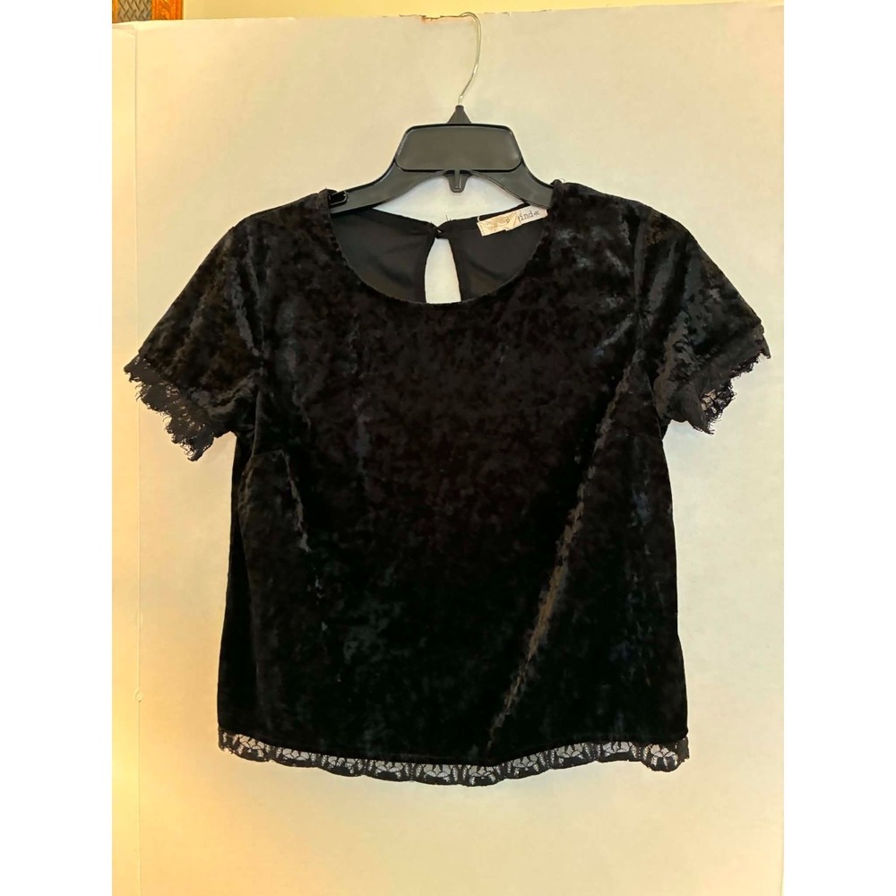 Rewind Womens‎ Small Black Crushed Velvet Top Lace Trim Short Sleeve Goth Y2K